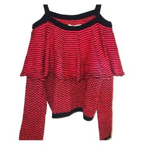 Red and Black 3/4 sleeves, crop top shirt.